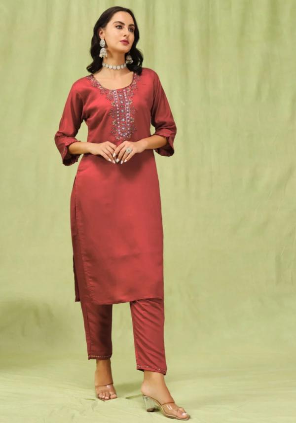 VP 9587 P Sweety Women’s Viscose Roman Silk Embroidery Straight Kurta Pant with Dupatta Set